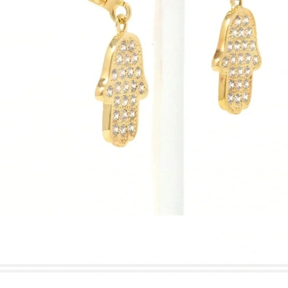 14K Solid Gold  Belly Ring Hoop with pave stone CZ stones Dangling Hamsa Charm - Picture 4 of 13